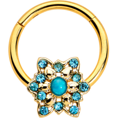 16G 3/8 Aqua Gem Gold Tone Snowflake Christmas Hinged Segment Ring