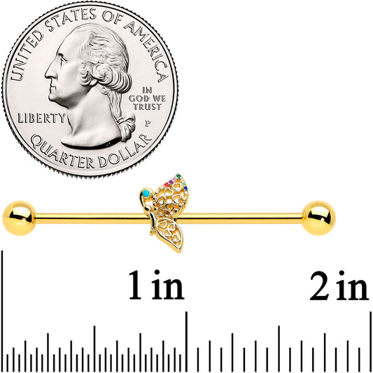 14G Gold Tone Colorful Hearts Butterfly Industrial Barbell 38mm