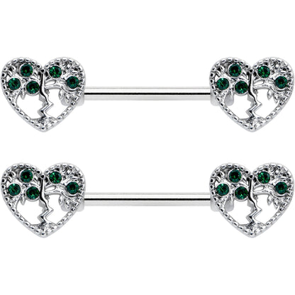 14G 9/16 Green Gem Heart Tree Valentine Nipple Ring Set