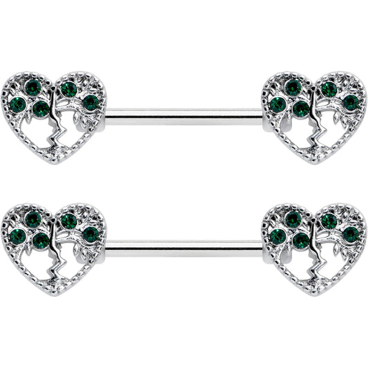 14G 9/16 Green Gem Heart Tree Valentine Nipple Ring Set