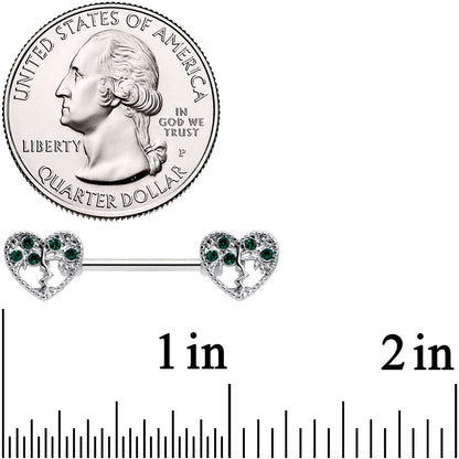 14G 9/16 Green Gem Heart Tree Valentine Nipple Ring Set