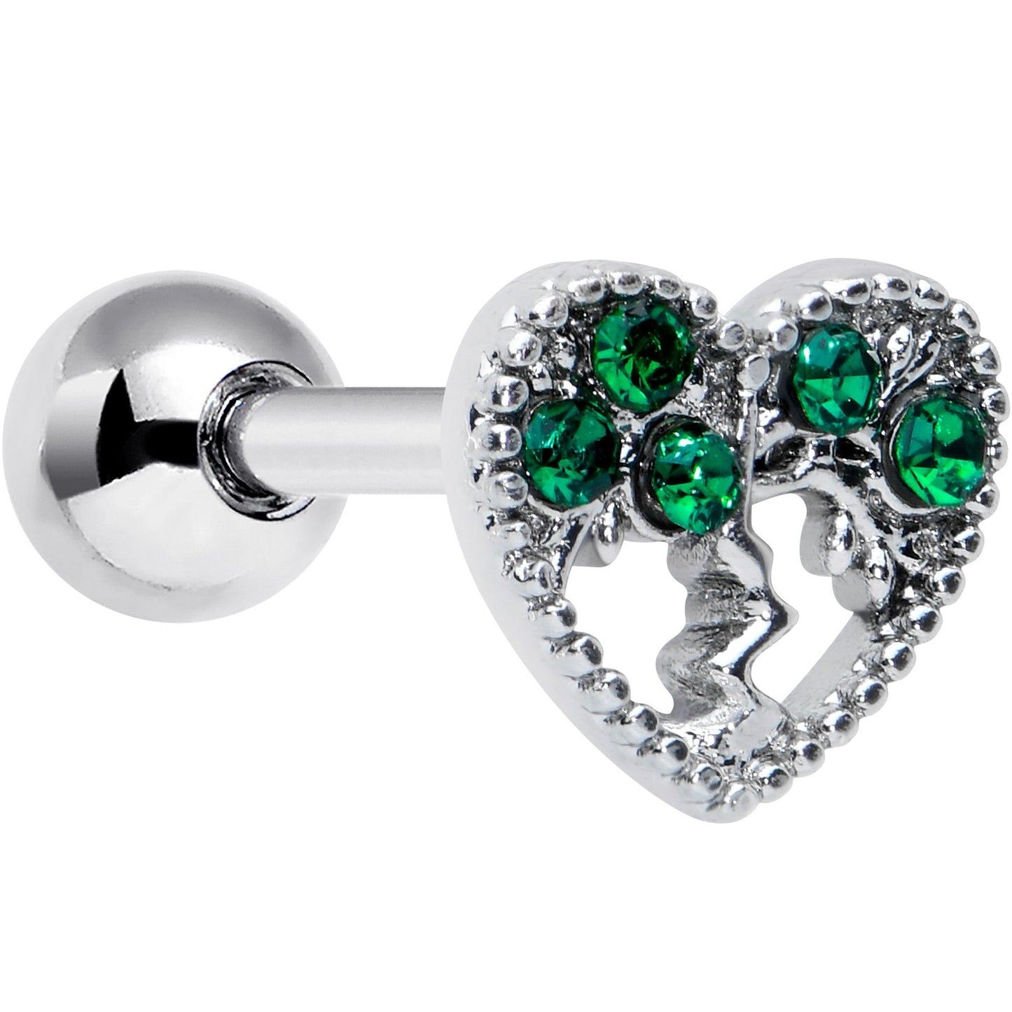 16G 1/4 Green Gem Heart Tree Valentine Cartilage Tragus