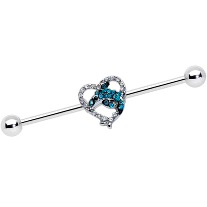 14G Clear Blue Gem Dolphin Heart Industrial Barbell 38mm