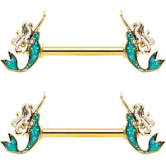 14G 9/16 Green Faux Opal Gold Tone Curvy Mermaid Nipple Ring Set