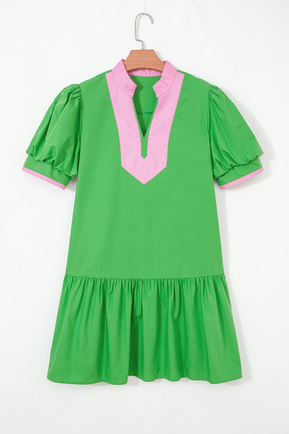 Color Block Split Neck Puff Sleeve Mini Dress