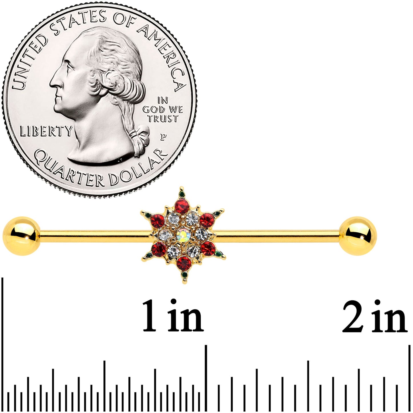 14G Red Gem Gold Tone Bright Christmas Industrial Barbell 38mm