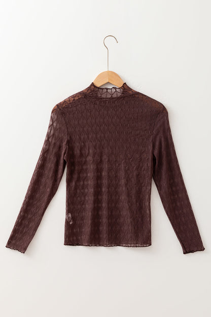 Sheer Mesh Lettuce Trim Long Sleeve Top