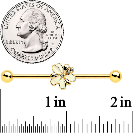 14G Clear Gem Gold Tone Feed Bee Flower Industrial Barbell 38mm