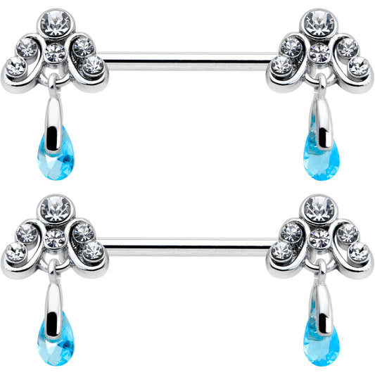14G 9/16 Blue Gem Scrolling Elegance Dangle Nipple Ring Set