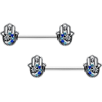 14G 9/16 Clear Blue Gem Textured Hamsa Hand Nipple Ring Set