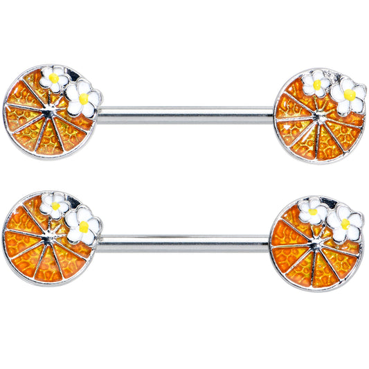 14G 9/16 Sweet Orange Fruit Flower Barbell Nipple Ring Set