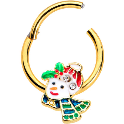 16G 3/8 Clear Gem Gold Tone Happy Snowman Hinged Segment Ring