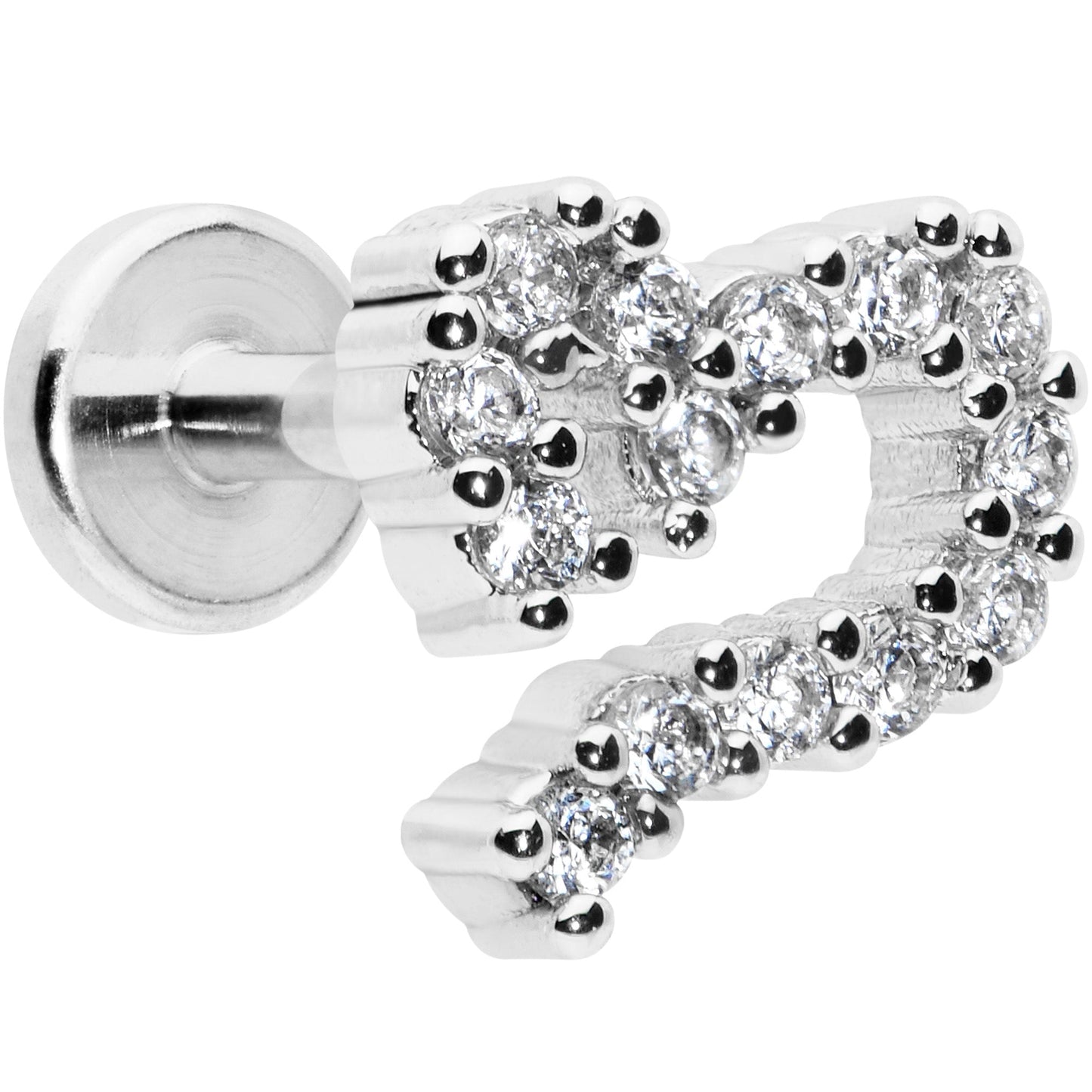 16G 1/4 Clear CZ Gem Half Heart Internally Threaded Labret Tragus