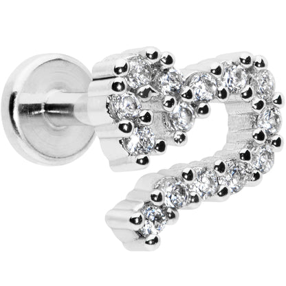 16G 1/4 Clear CZ Gem Half Heart Internally Threaded Labret Tragus
