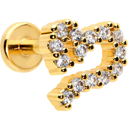 16G 1/4 Clear CZ Gold Hue Half Heart Internal Thread Labret Tragus