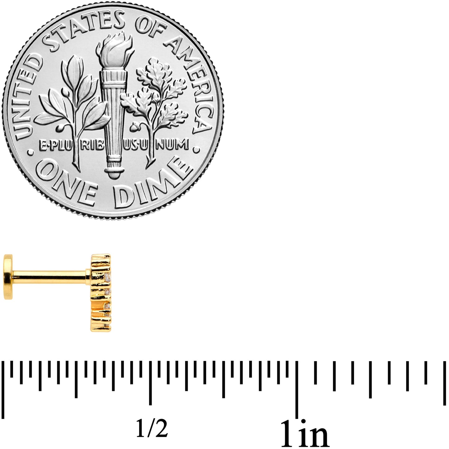 16G 1/4 Clear CZ Gold Hue Half Heart Internal Thread Labret Tragus