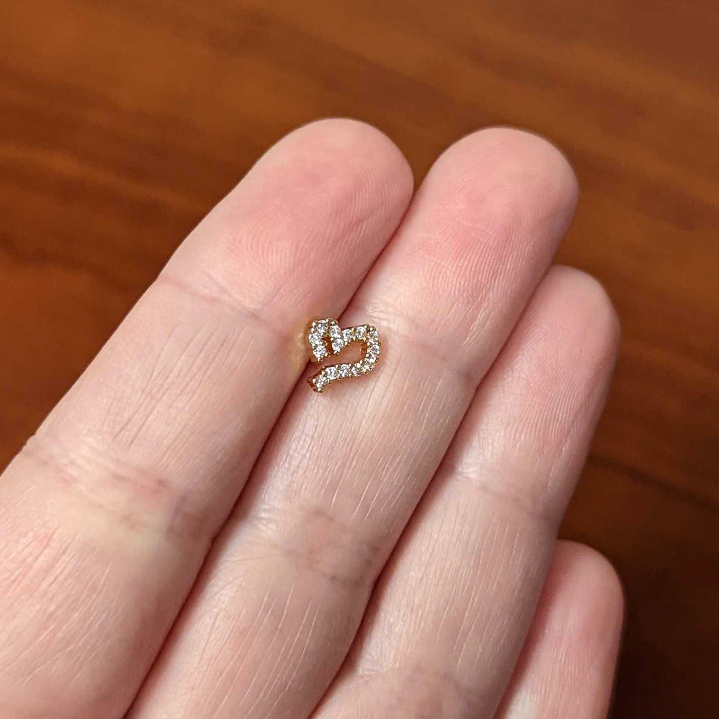 16G 1/4 Clear CZ Gold Hue Half Heart Internal Thread Labret Tragus