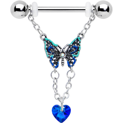 14G 9/16 Blue Gem Heart Colorful Butterfly Dangle Nipple Ring Set