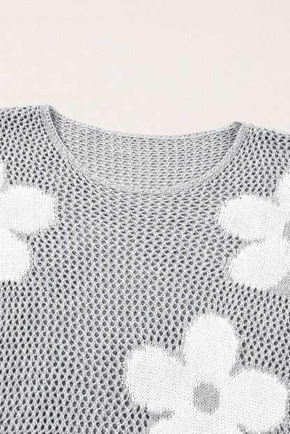 Floral Hollowed Knit Drop Shoulder Pullover Sweater