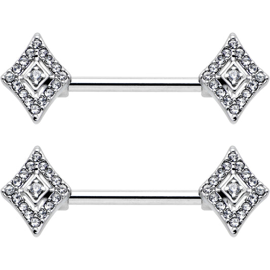 14G 9/16 Clear Gem Double Rhombus Deco Barbell Nipple Ring Set