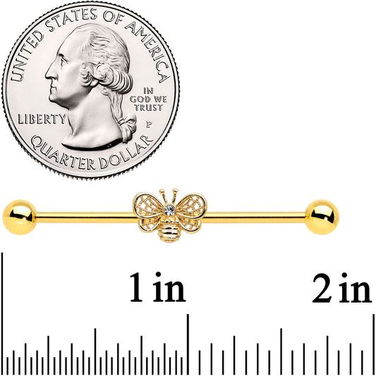14G Clear Gem Gold Tone Beauty Bee Industrial Barbell 38mm