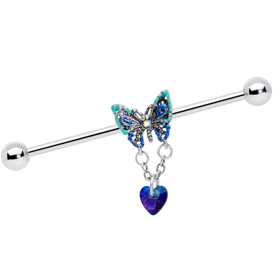 14G Blue Gem Heart Butterfly Dangle Industrial Barbell 38mm