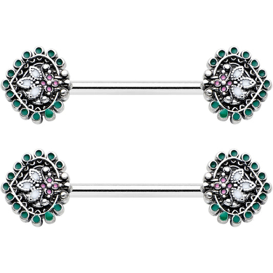 14G 9/16 Stylized Pink Green Leaf Barbell Nipple Ring Set