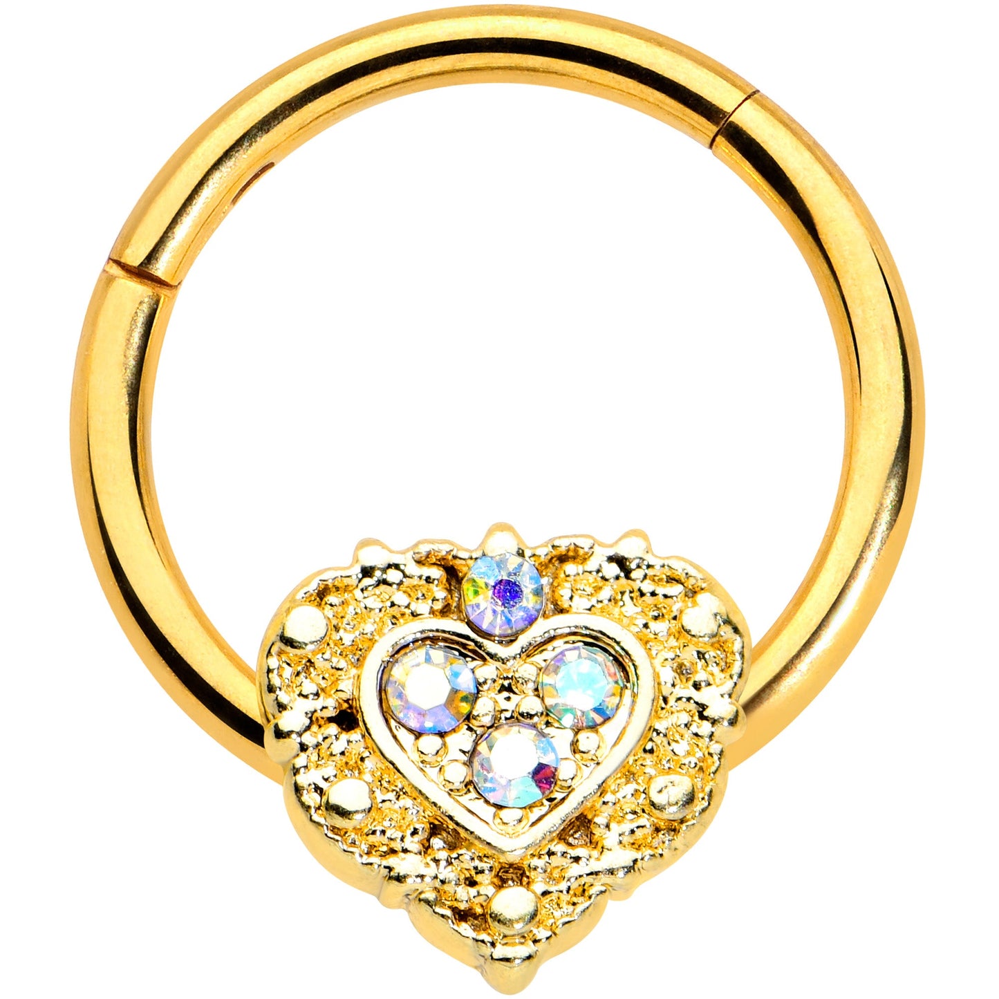 16G 3/8 Aurora Gem Gold Tone Baroque Heart Hinged Segment Ring