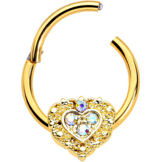 16G 3/8 Aurora Gem Gold Tone Baroque Heart Hinged Segment Ring