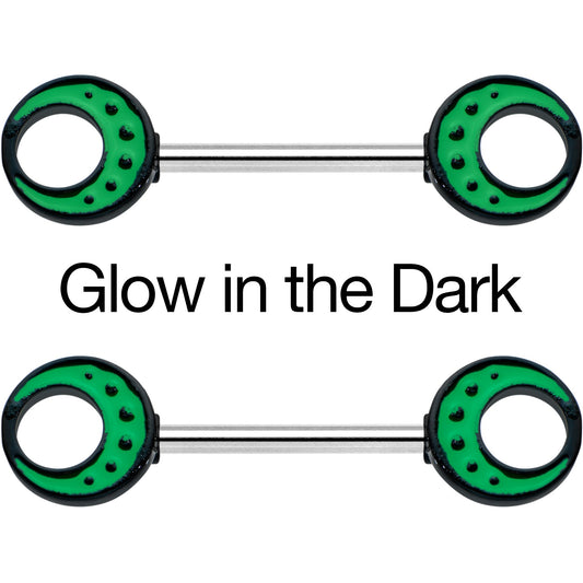 14G 9/16 Deep Green Moon Glow in the Dark Barbell Nipple Ring Set