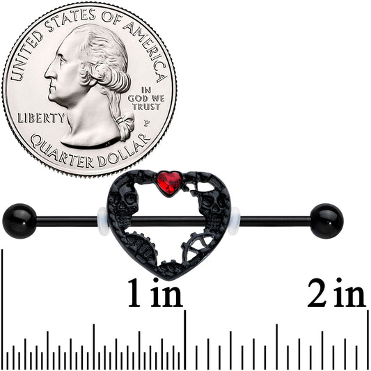 14G Red Gem Black Heart Steampunk Skeleton Industrial Barbell 38mm