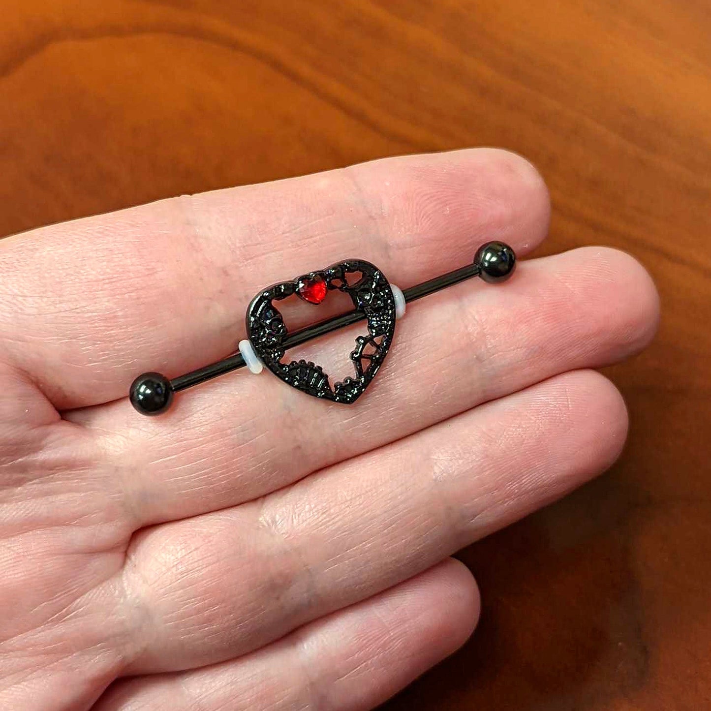 14G Red Gem Black Heart Steampunk Skeleton Industrial Barbell 38mm