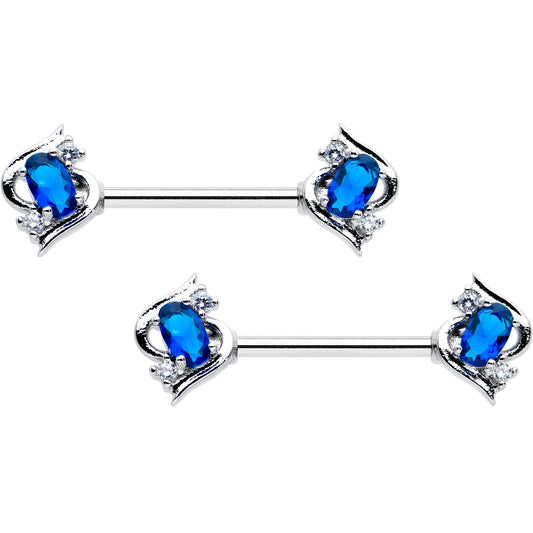 14G 9/16 Clear Blue Gem Oval Swirl Barbell Nipple Ring Set