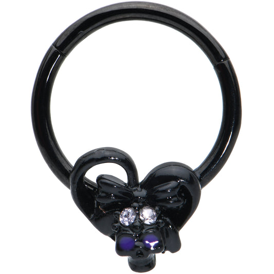 16G 3/8 Clear Gem Black Heart Skull Bow Hinged Segment Ring