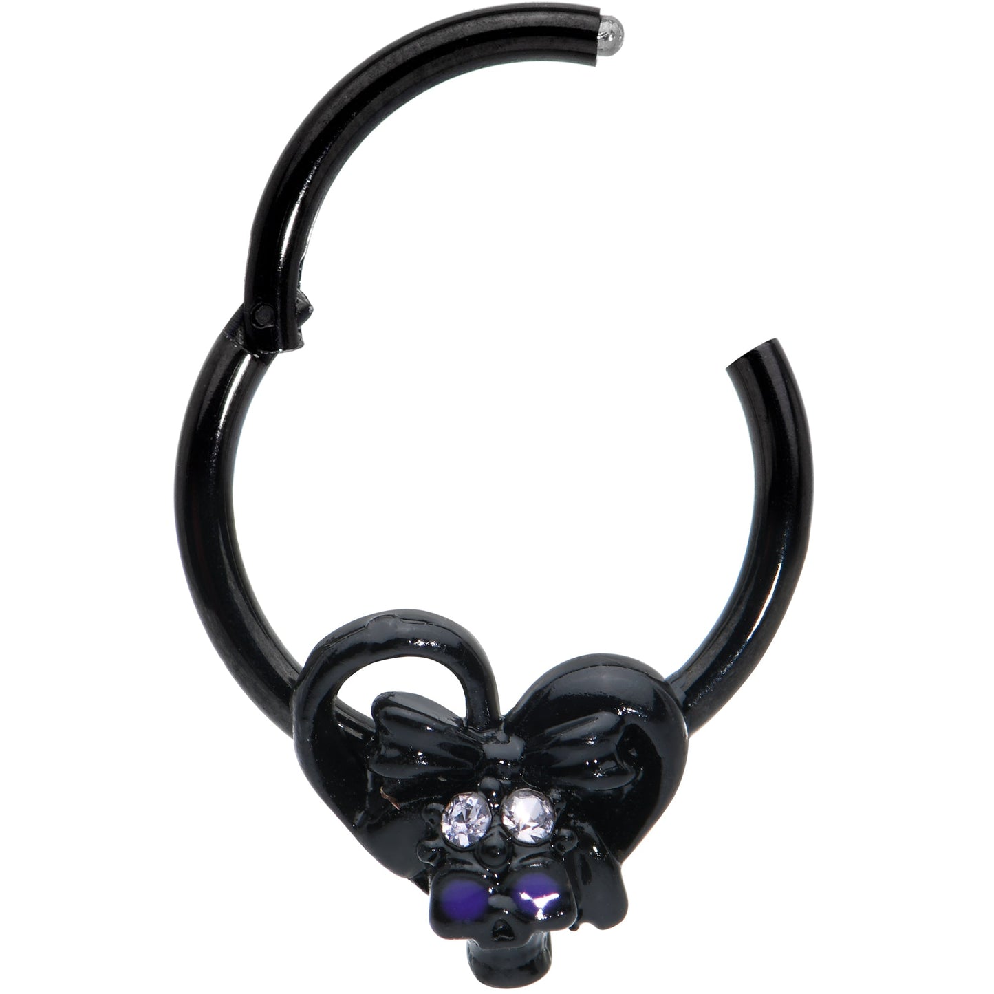 16G 3/8 Clear Gem Black Heart Skull Bow Hinged Segment Ring