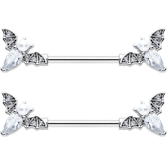 14G 9/16 Clear Gem Flying Bats Halloween Barbell Nipple Ring Set