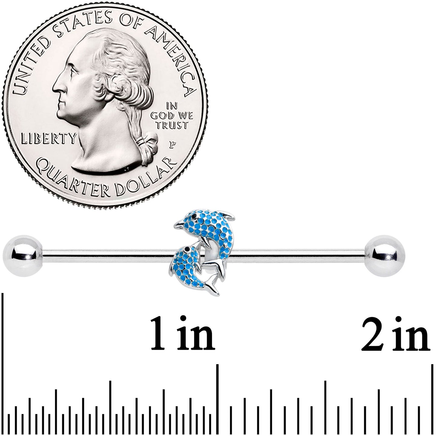14G Black Gem Leaping Blue Dolphins Industrial Barbell 38mm