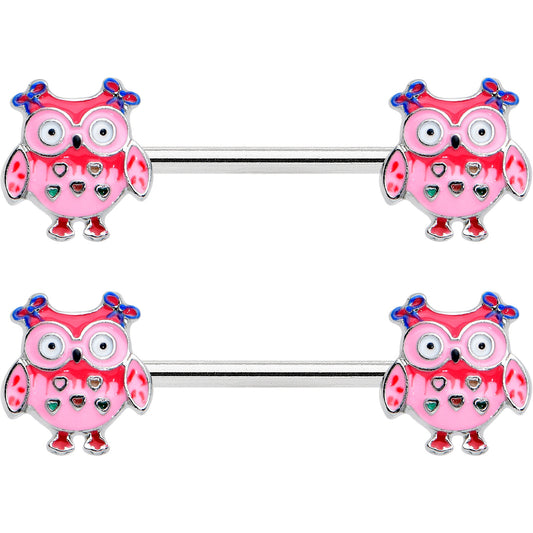 14G 9/16 Bow Pink Heart Owls Barbell Nipple Ring Set