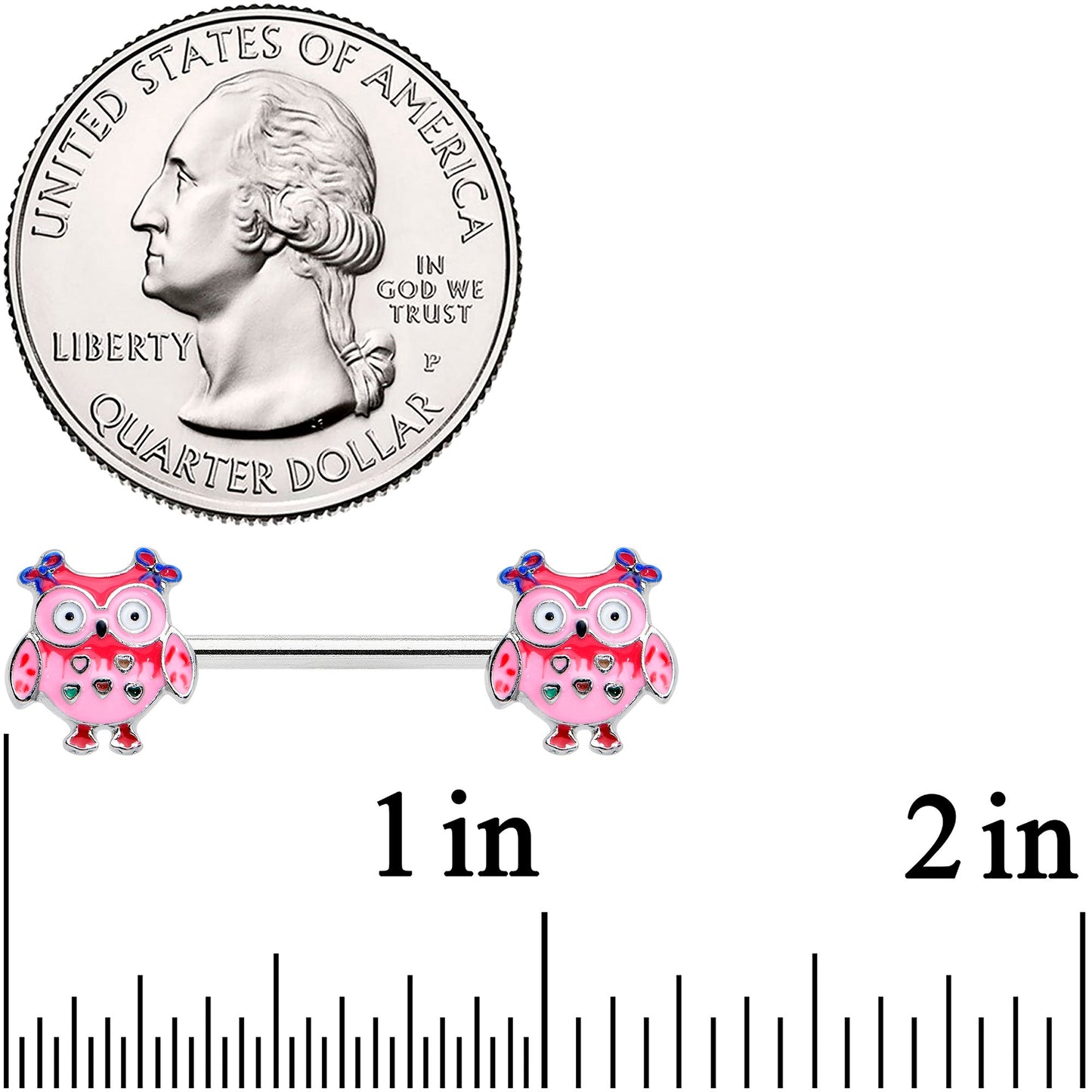 14G 9/16 Bow Pink Heart Owls Barbell Nipple Ring Set