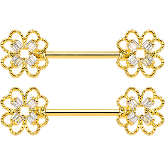 14G 5/8 Clear Gem Gold Tone Texture Cross Barbell Nipple Ring Set