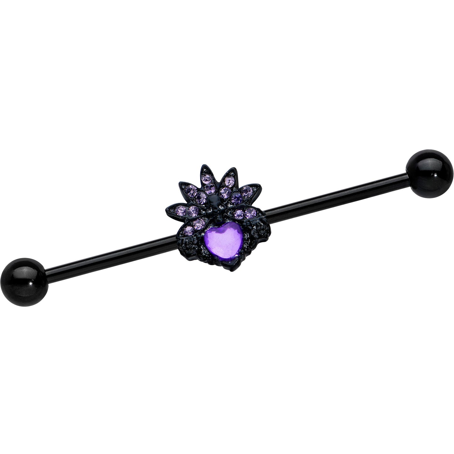 14G Purple Gem Black Skull Blossom Heart Industrial Barbell 38mm