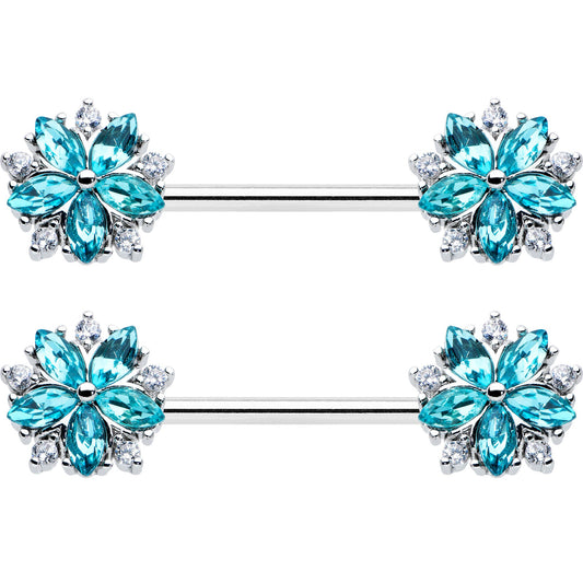 14G 9/16 Blue CZ Gem Floral Burst Barbell Nipple Ring Set