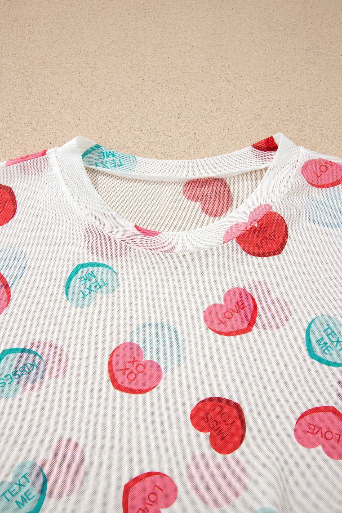 Valentine Slogan Heart Mesh Long Sleeve Top