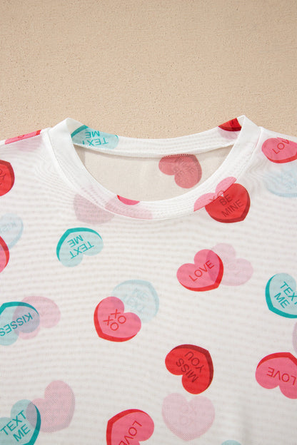 Valentine Slogan Heart Mesh Long Sleeve Top