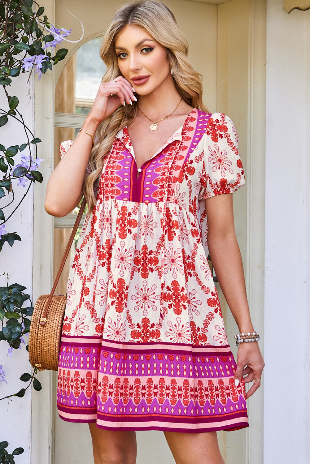 Floral Boho Lace-up V-Neck Mini Dress