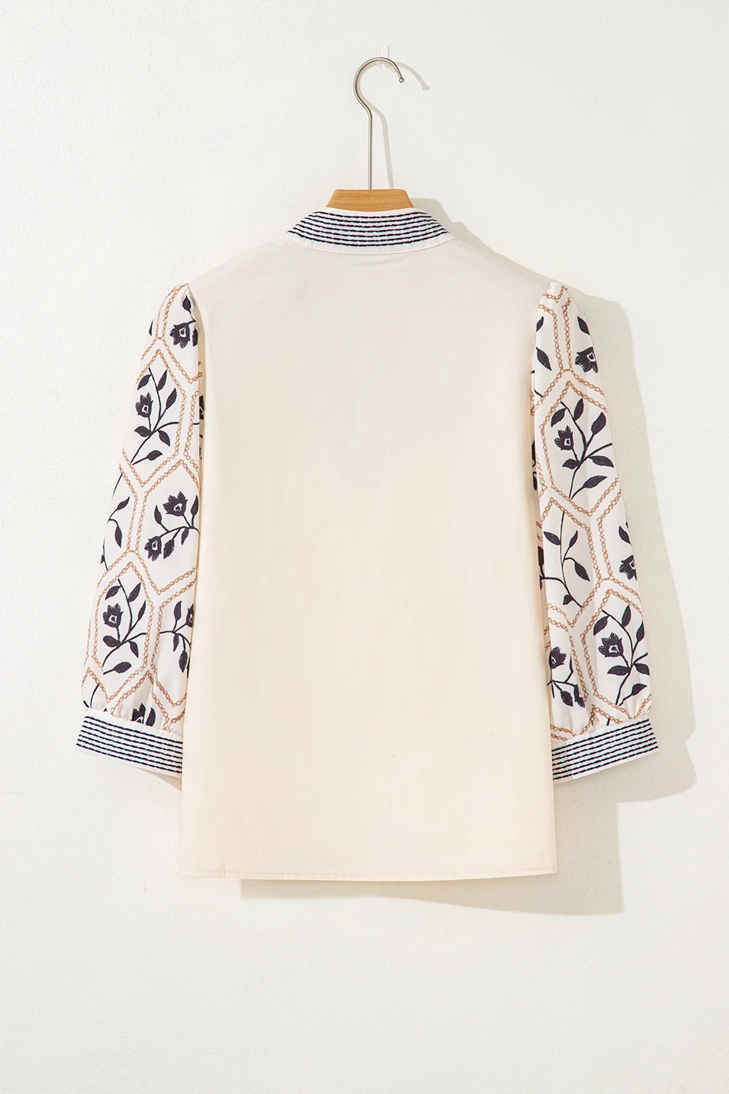 Floral Puff Sleeve Contrast V-Neck Patchwork Blouse