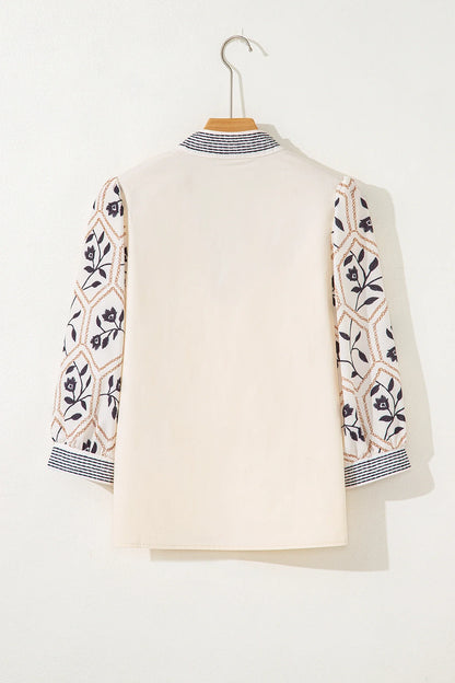 Floral Puff Sleeve Contrast V-Neck Patchwork Blouse