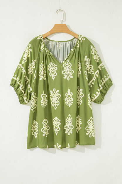 Plus Size Floral Boho Chic Notch V-Neck Top
