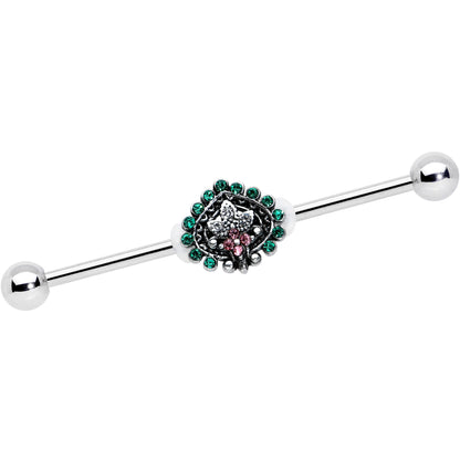 14G Pink Green Gem Stylized Leaf Industrial Barbell 38mm