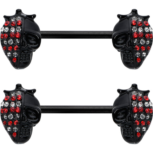 14G 9/16 Red Gem Black Skull Halloween Barbell Nipple Ring Set